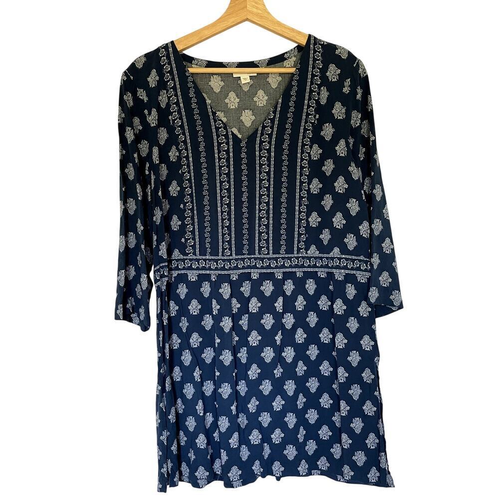 J.Jill blue patterned dress v-neck women's size M rayon lightweight summer